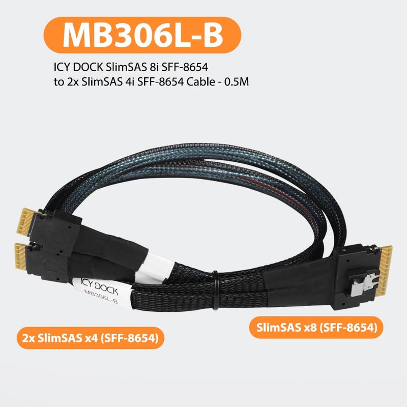 Icy Dock كابل MB306L-B SlimSAS 8i SFF-8654 إلى 2X SlimSAS 4i SFF-8654 - 0.5م - Image 2